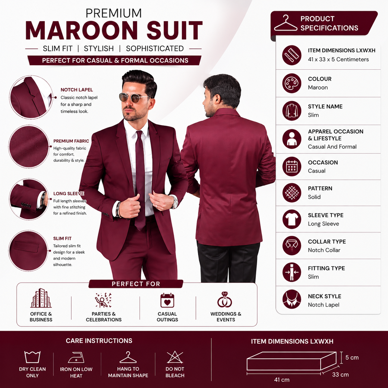 Men's Formal Maroon, Single Breasted Blazer, Business Casual Style - Image 3